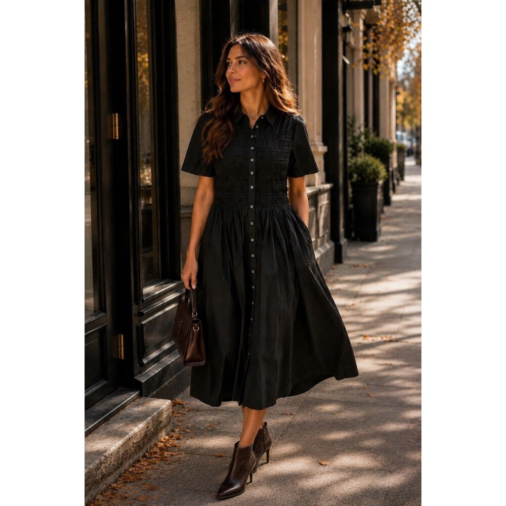 J Crew Smocked Elsie Shirt Dress Black Cotton Poplin Button Up Preppy Womens M